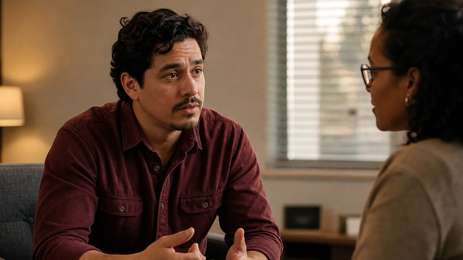 A man in a burgundy shirt gestures while speaking with a woman wearing glasses in a softly lit office.
