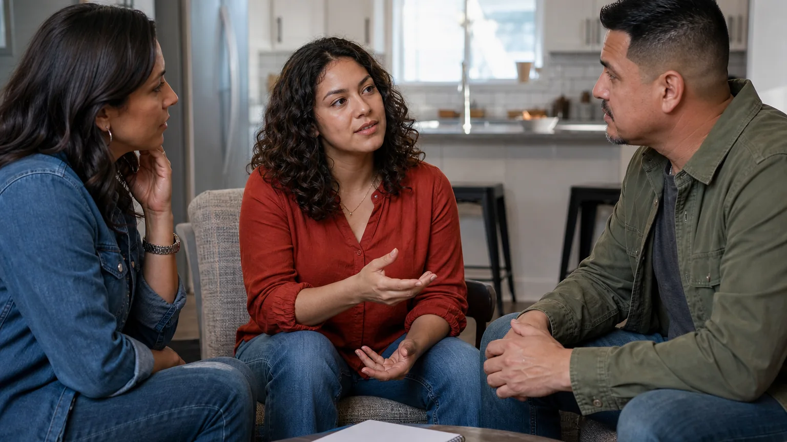 Three adults sit together in a home as a woman in a red blouse gestures while speaking, with a notebook on the table.