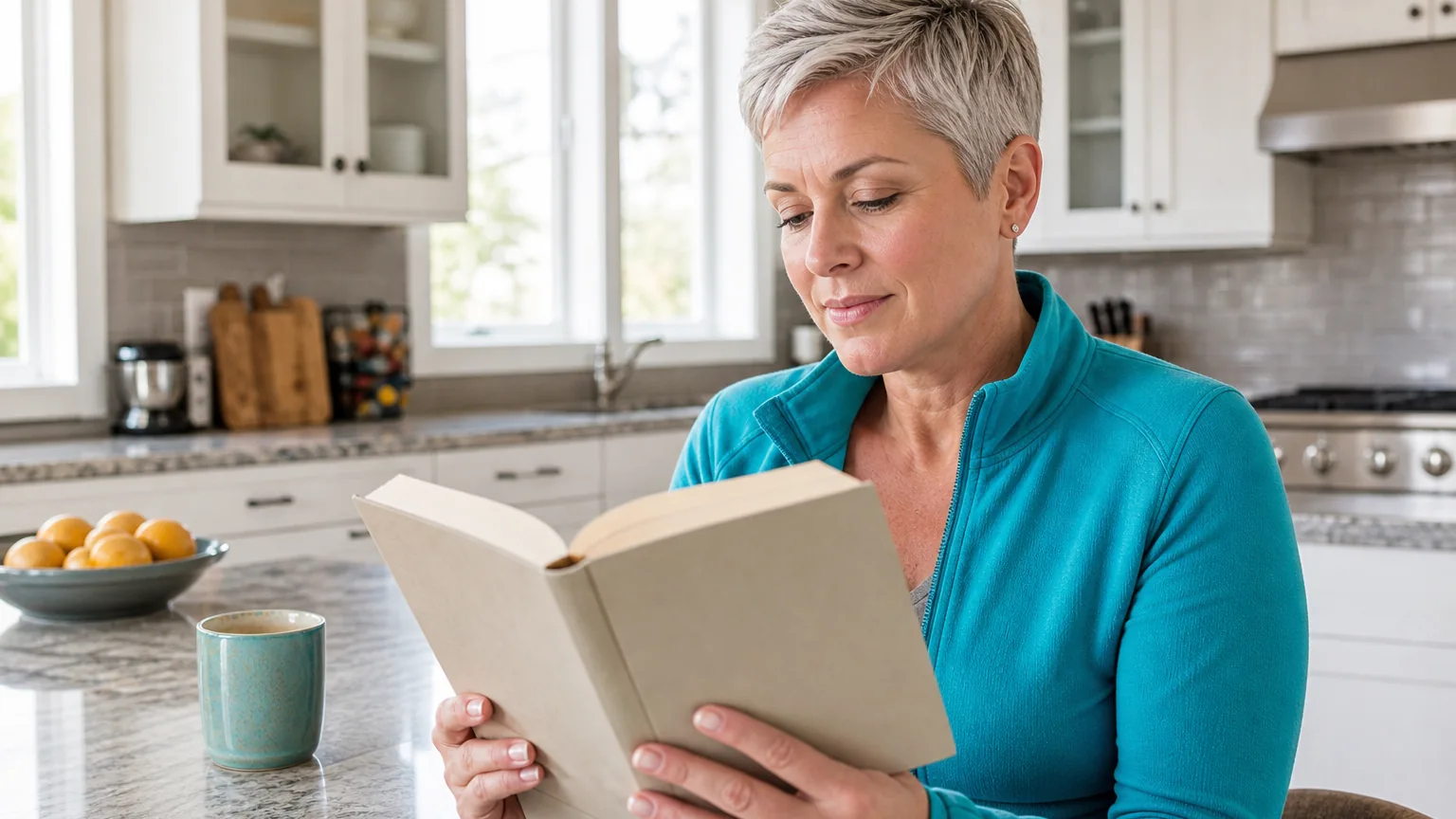 An adult with short gray hair reads a plain hardcover book at a bright kitchen island beside a turquoise mug.