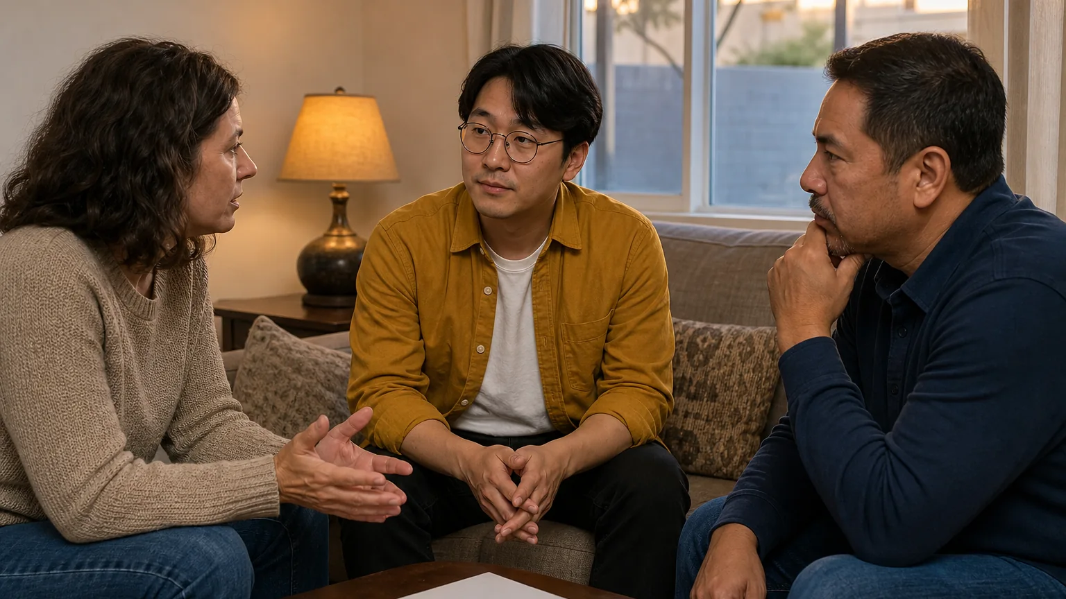 Three adults sit together in a living room, one gesturing while two others listen, with a notebook on the coffee table.