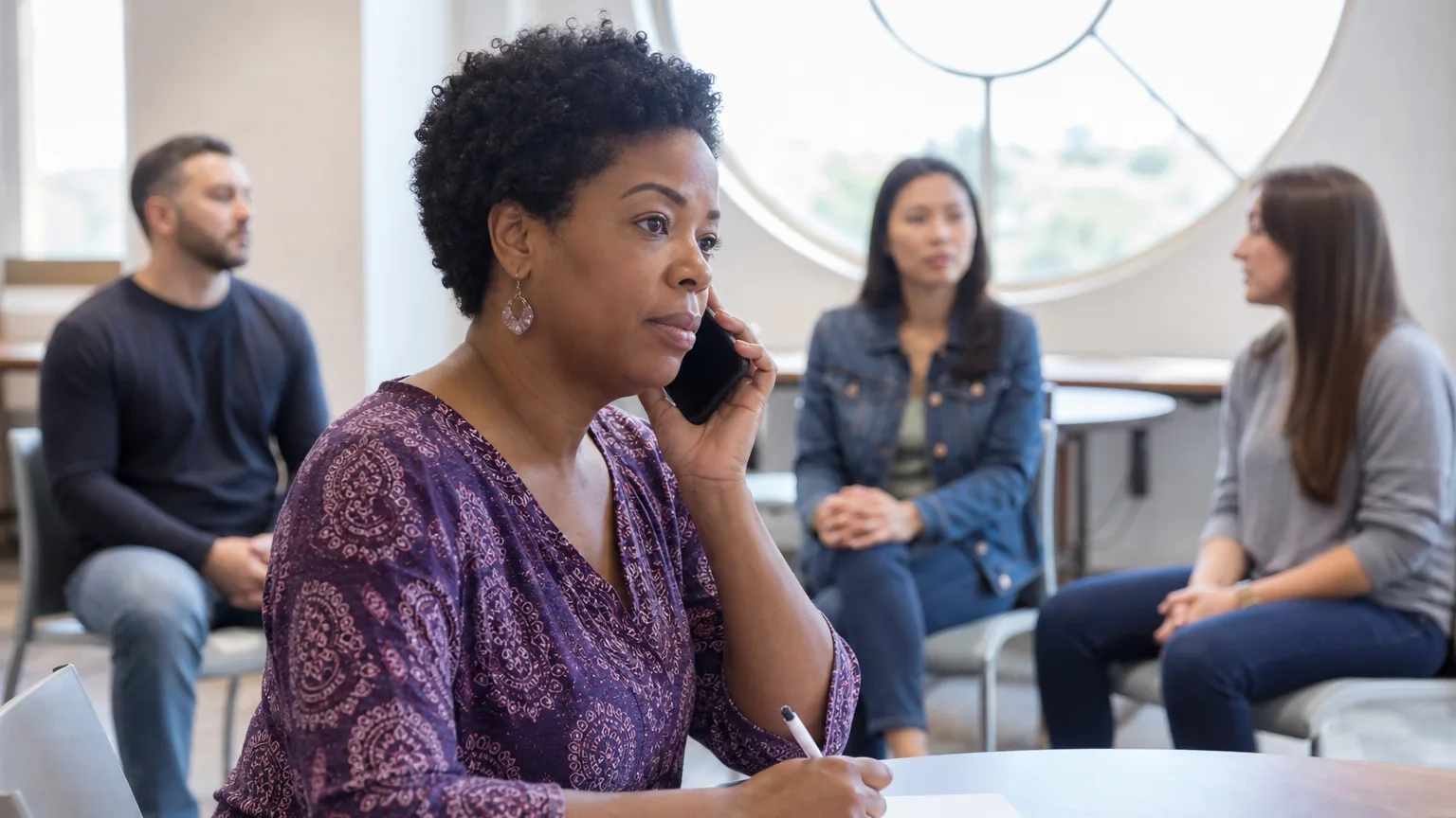A woman holds a phone to her ear and a pen over paper while three adults sit together in the background.
