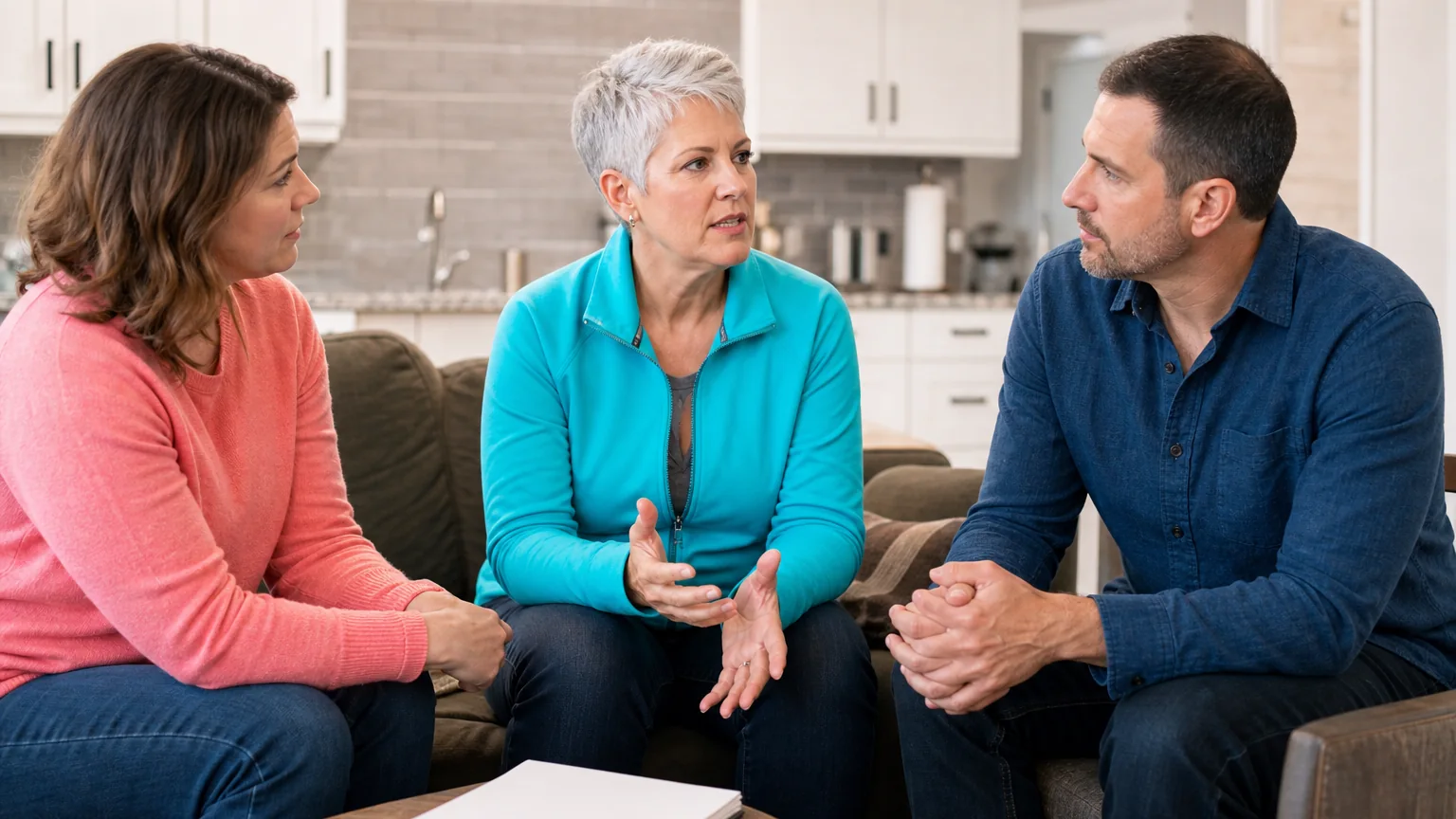 Three adults sit together in a living room, with a silver-haired woman gesturing as another woman and a man listen.