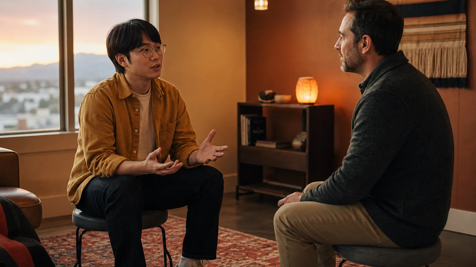 Two adult men sit facing each other in a warmly lit room, one gesturing as they talk beside a window at sunset.