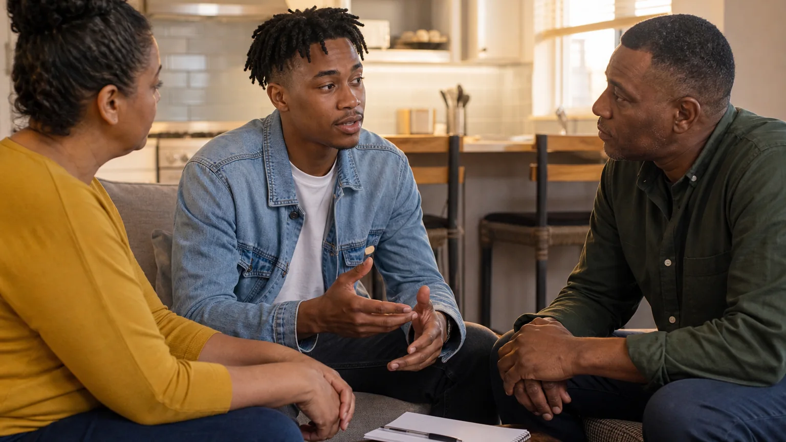Three adults sit facing one another in a home, with a young man gesturing during a conversation and a notebook on the table.