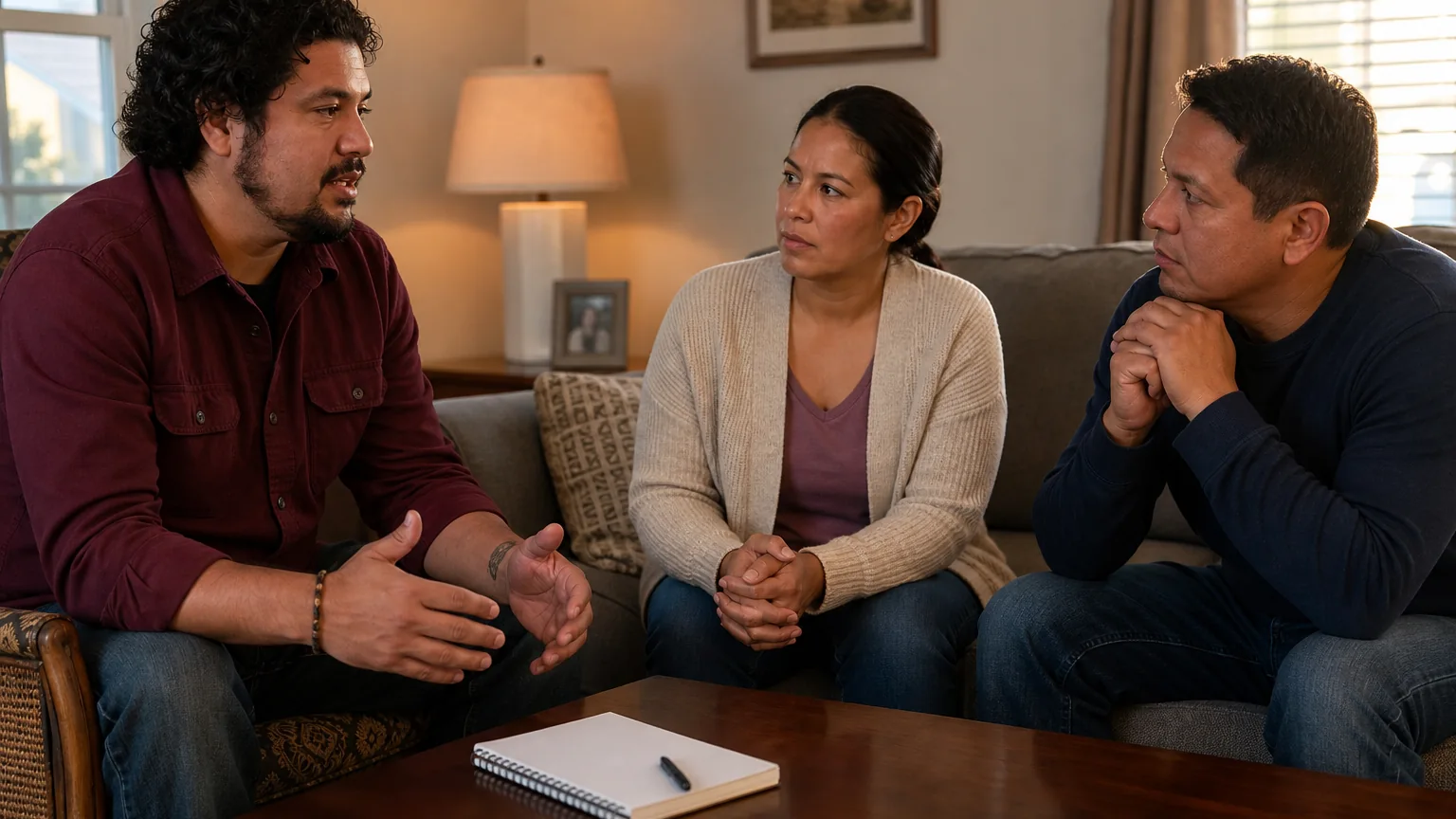Three adults sit together in a living room, with one man gesturing while a woman and another man listen attentively.
