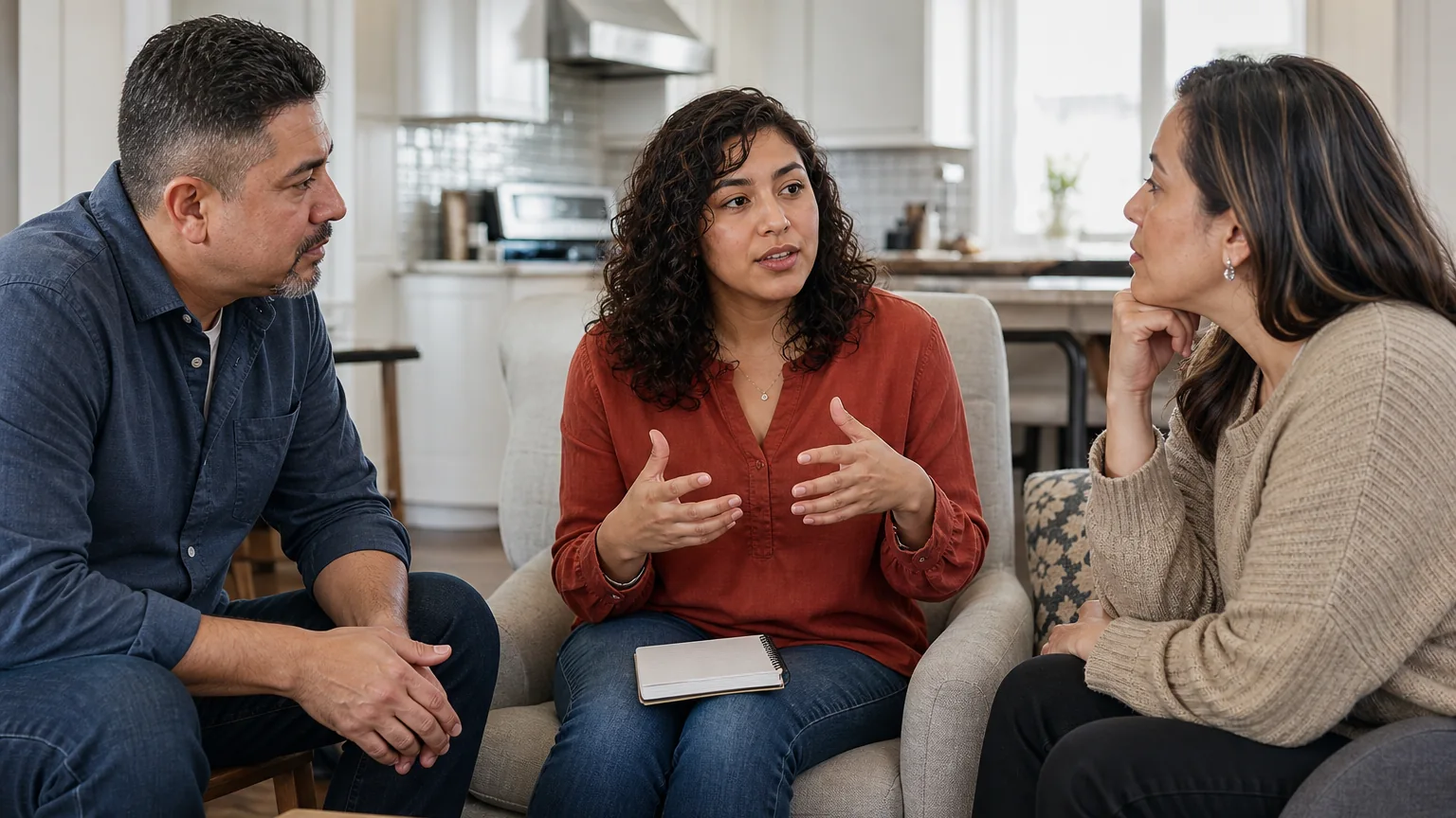 Three adults sit together in a bright living room as a woman with a notebook on her lap gestures while speaking.