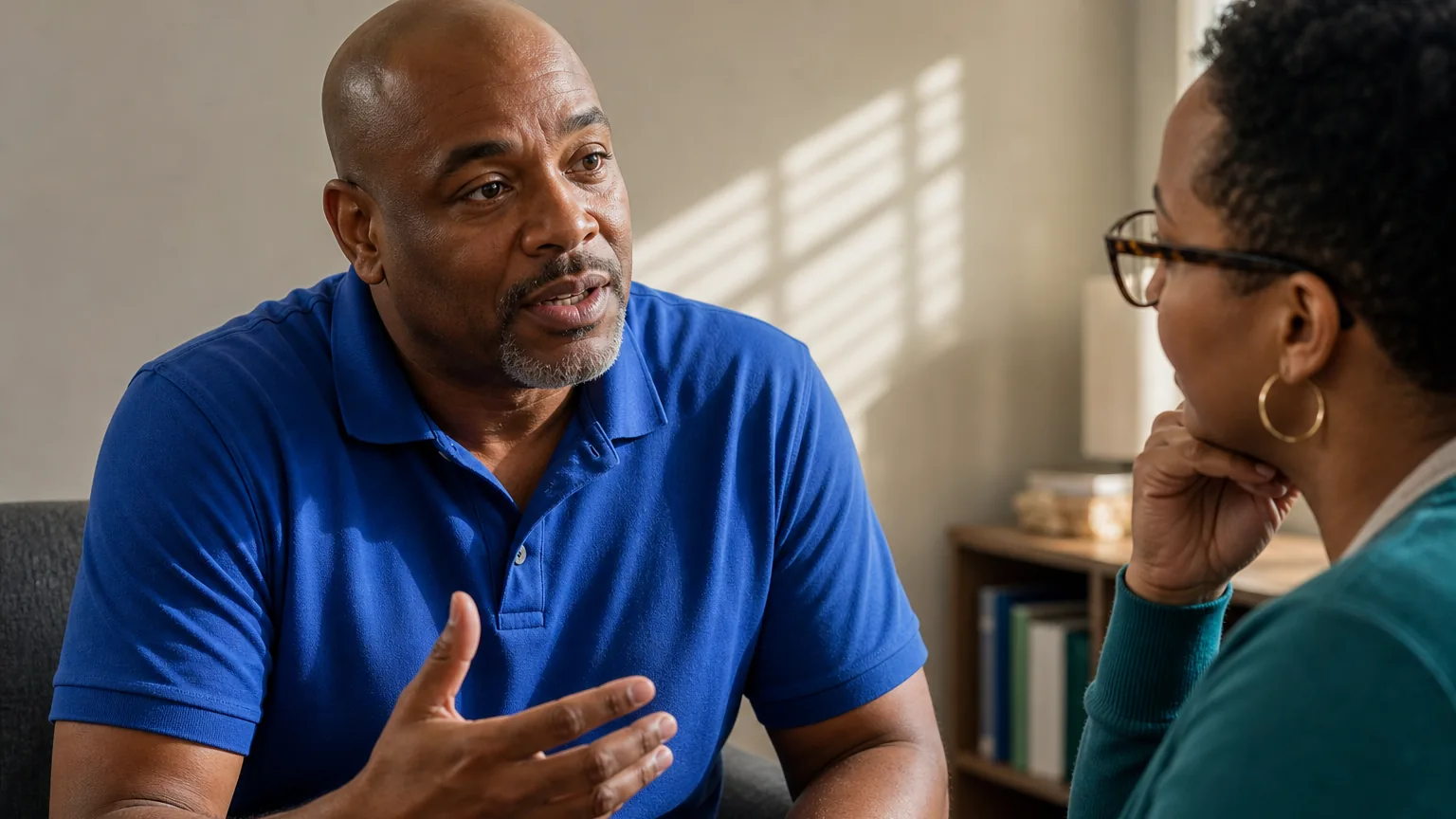 A man in a blue polo gestures while speaking with a woman in glasses who listens with her hand beneath her chin.