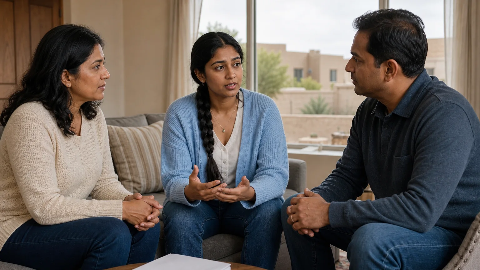 Three adults sit facing one another in a living room, with a woman gesturing and a blank notebook on the coffee table.