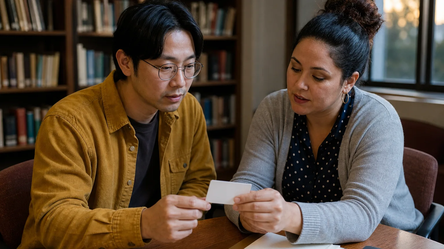 Two adults seated at a wooden table examine a blank white card, with a notebook and pen nearby and bookshelves behind them.