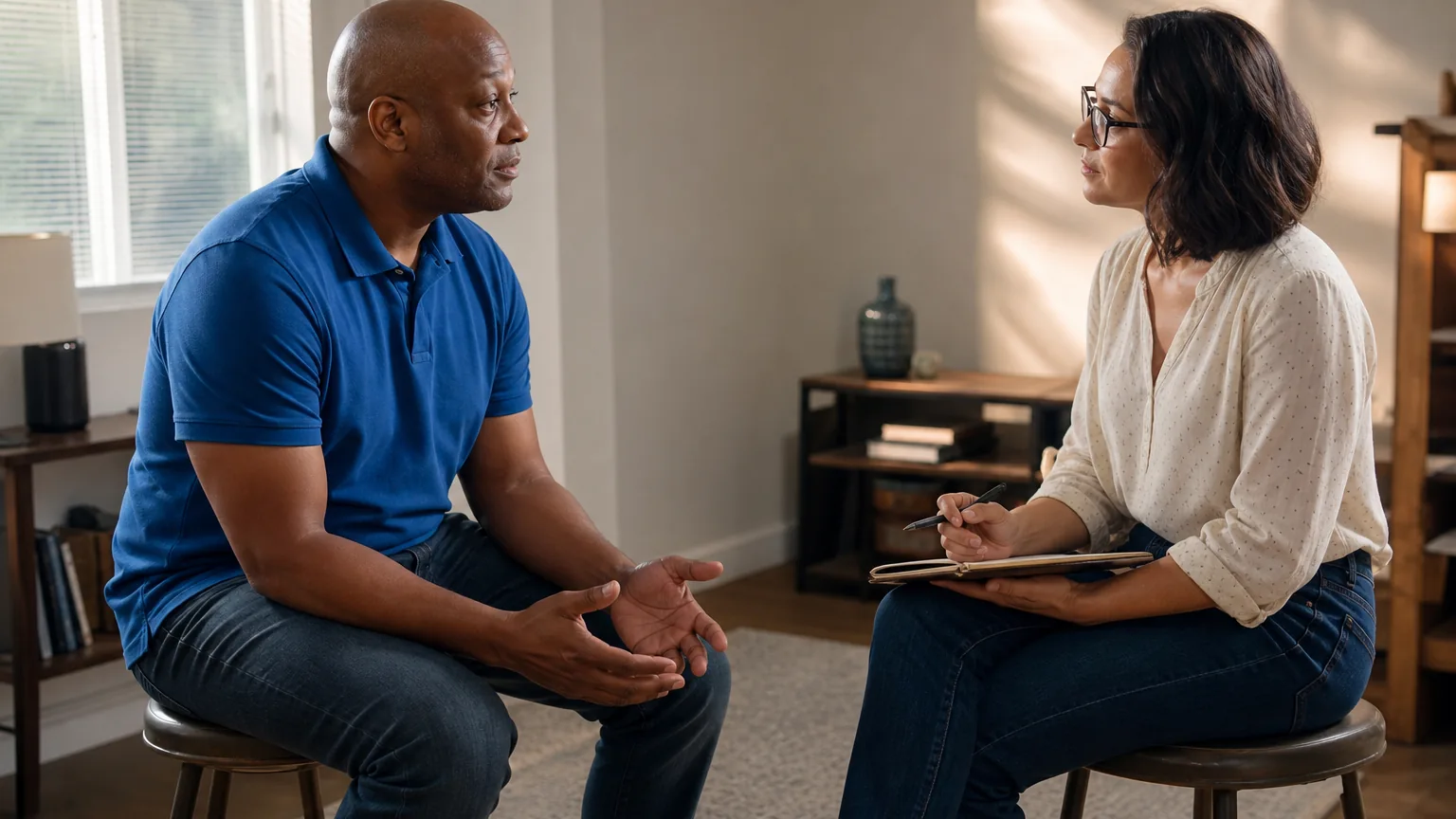 A man in a blue polo talks with a woman holding a pen and notebook as they sit facing each other in a sunlit room.