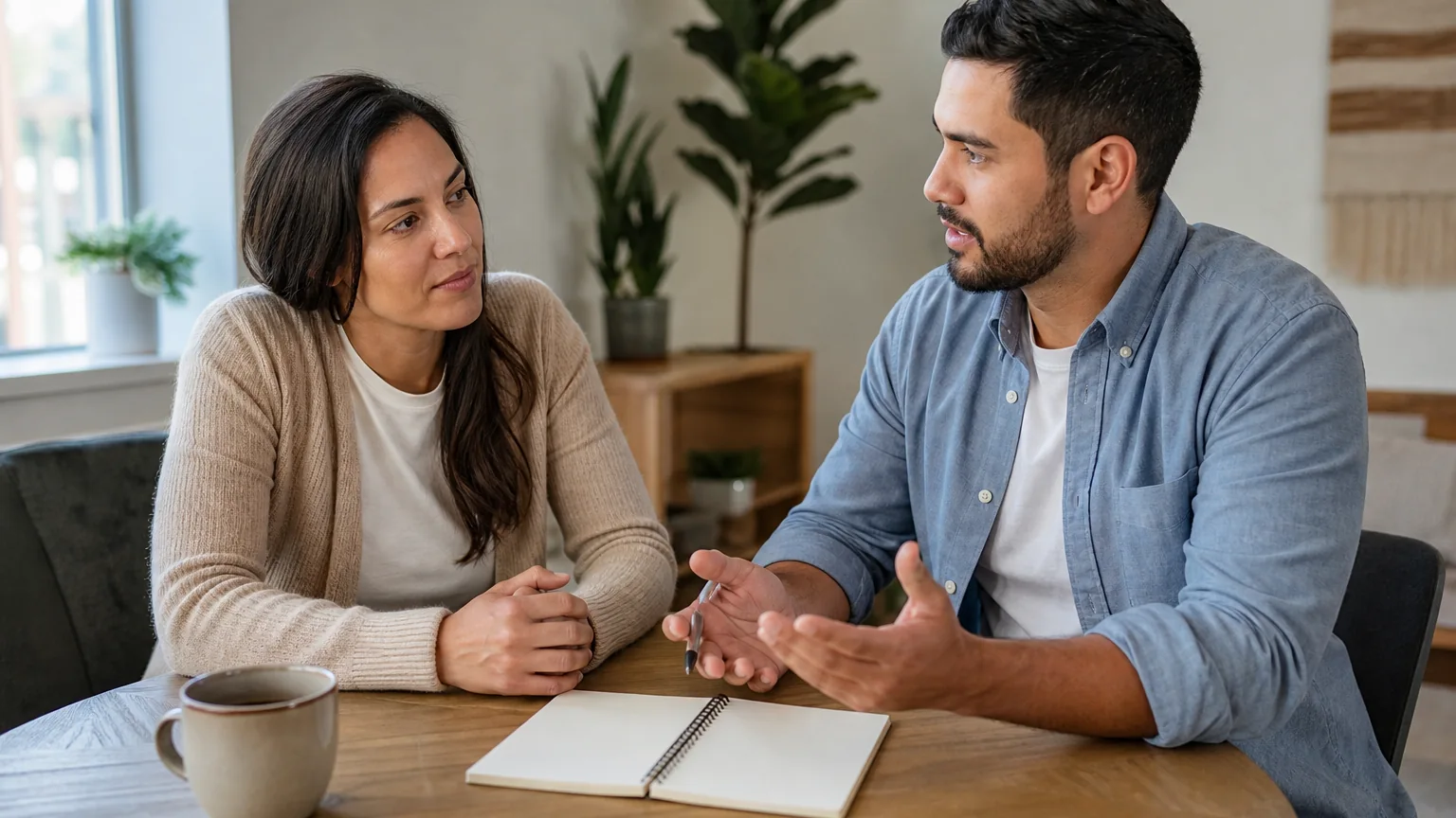 A woman listens as a man gestures beside an open blank notebook and a mug on a round wooden table.