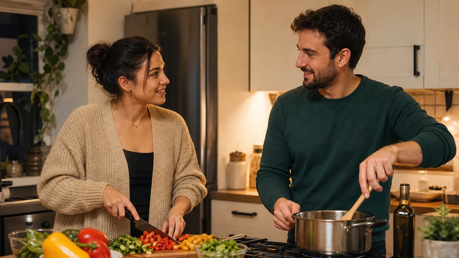 Two smiling adults prepare a meal in a home kitchen, with a woman chopping vegetables and a man stirring a pot.