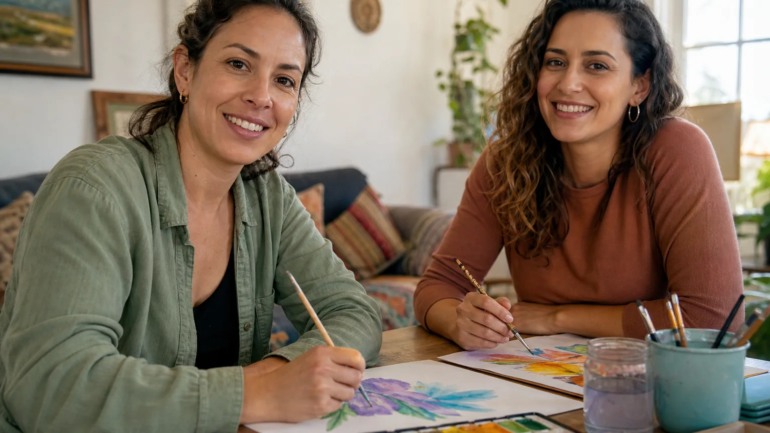 Two smiling adult women paint colorful watercolors at a wooden table with brushes, a paint palette, and a rinse jar.