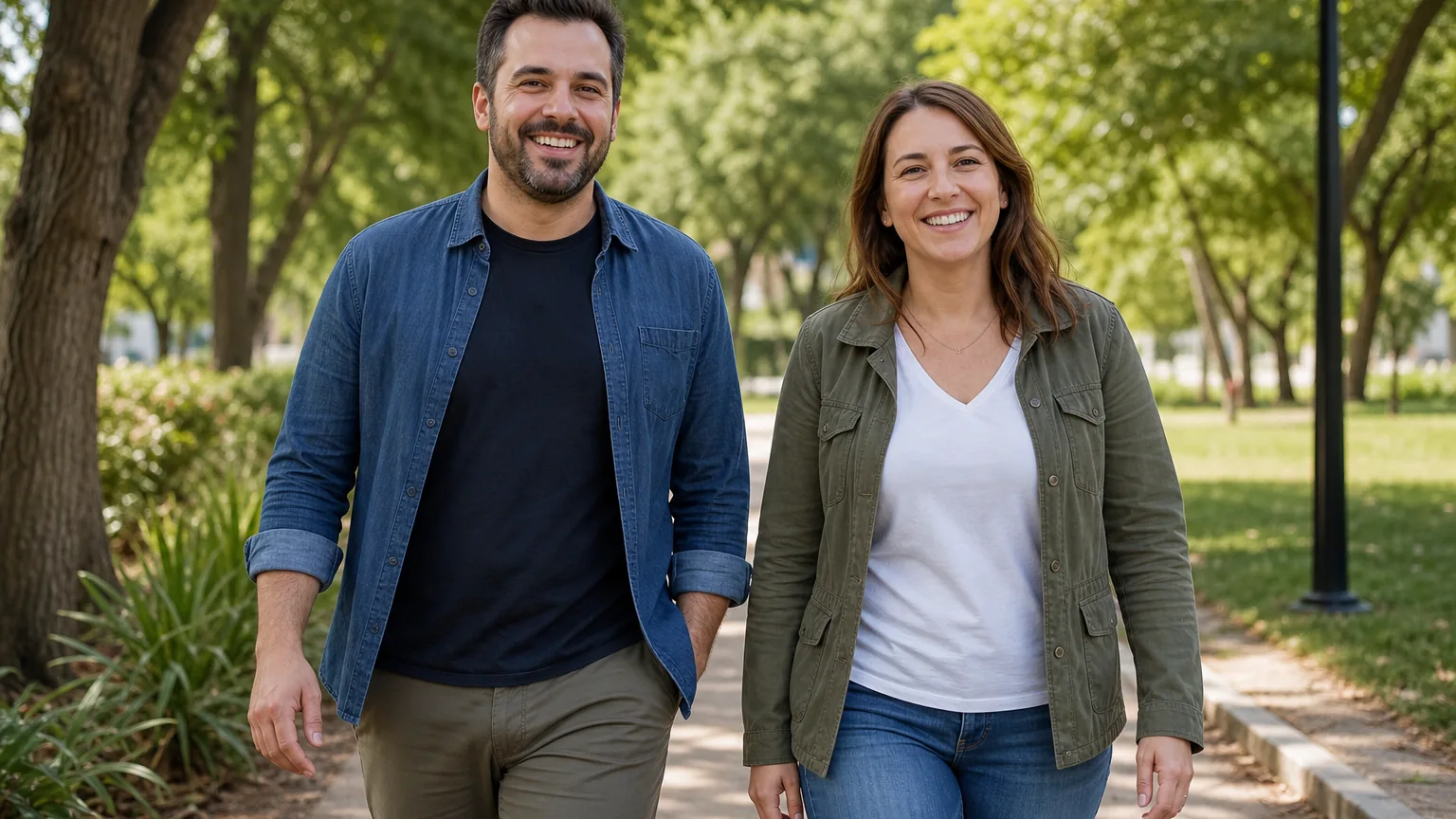 A smiling man in a blue shirt and woman in an olive jacket walk toward the camera on a tree-lined park path.
