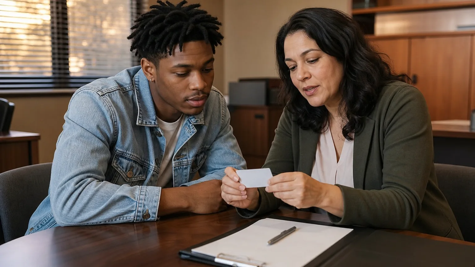 A young man and a woman review a blank card together at an office table with a clipboard and pen.