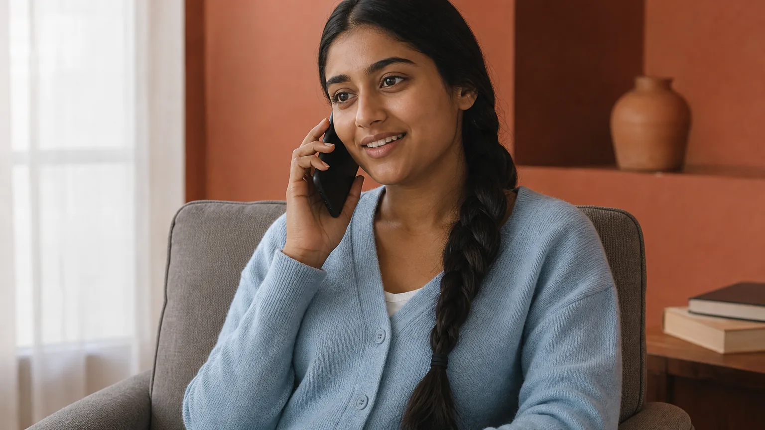 A smiling woman with a long dark braid and blue cardigan sits in a gray armchair, holding a black phone to her ear.