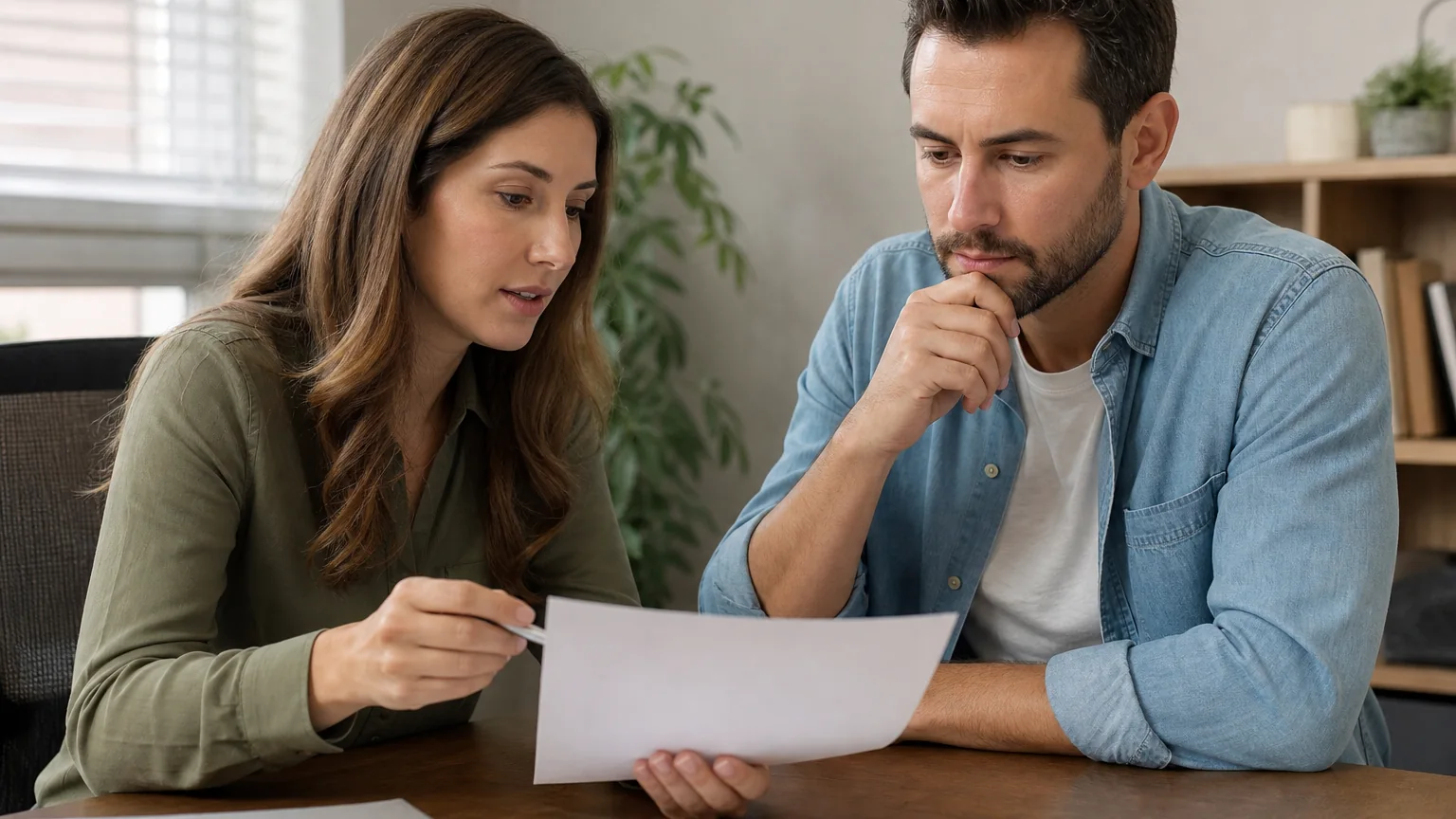 A woman holding a pen and a man resting his hand on his chin review a blank sheet together at a wooden desk.