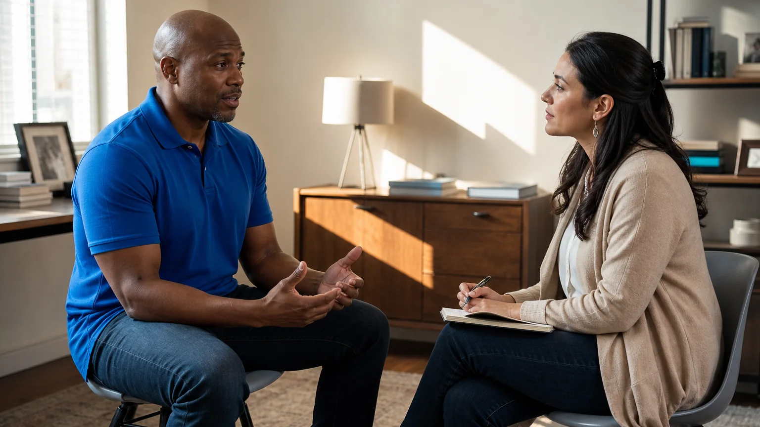 A man in a blue polo gestures while speaking with a woman holding a pen and notebook in a sunlit counseling office.
