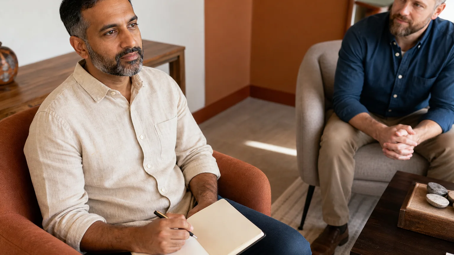 Two adult men sit facing each other, one holding a pen over an open notebook while the other listens with clasped hands.