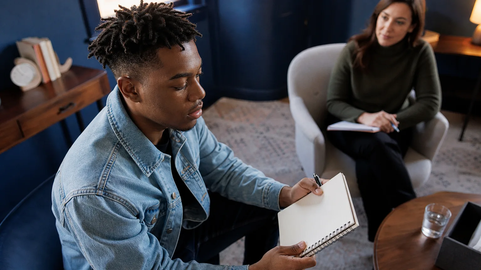 A young adult holds a spiral notebook while seated across from a woman with a notepad in a counseling-style office.