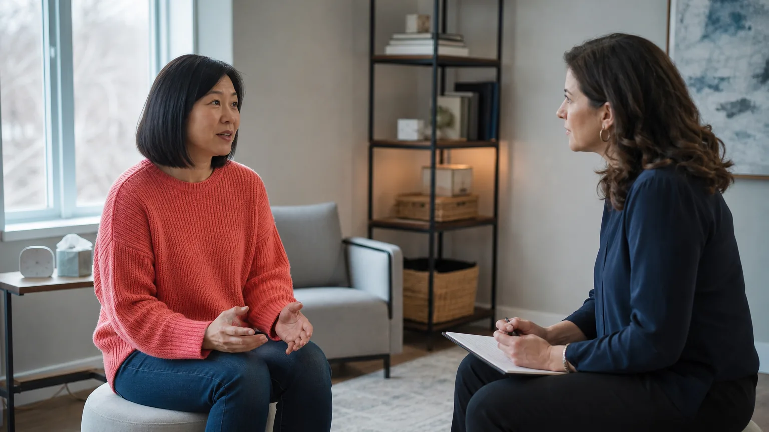 A woman in a coral sweater gestures while speaking with a woman holding a pen and notebook in a bright counseling room.