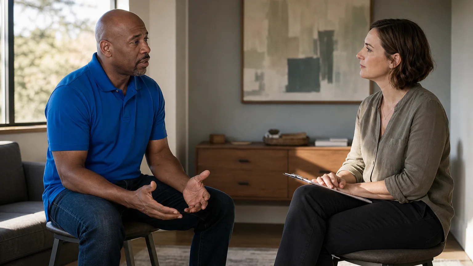 An adult man gestures while speaking with a woman holding a clipboard, seated face-to-face in a quiet counseling office.