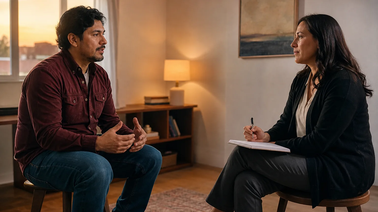 An adult man gestures while speaking with a woman holding a pen and notebook in a warmly lit counseling room.