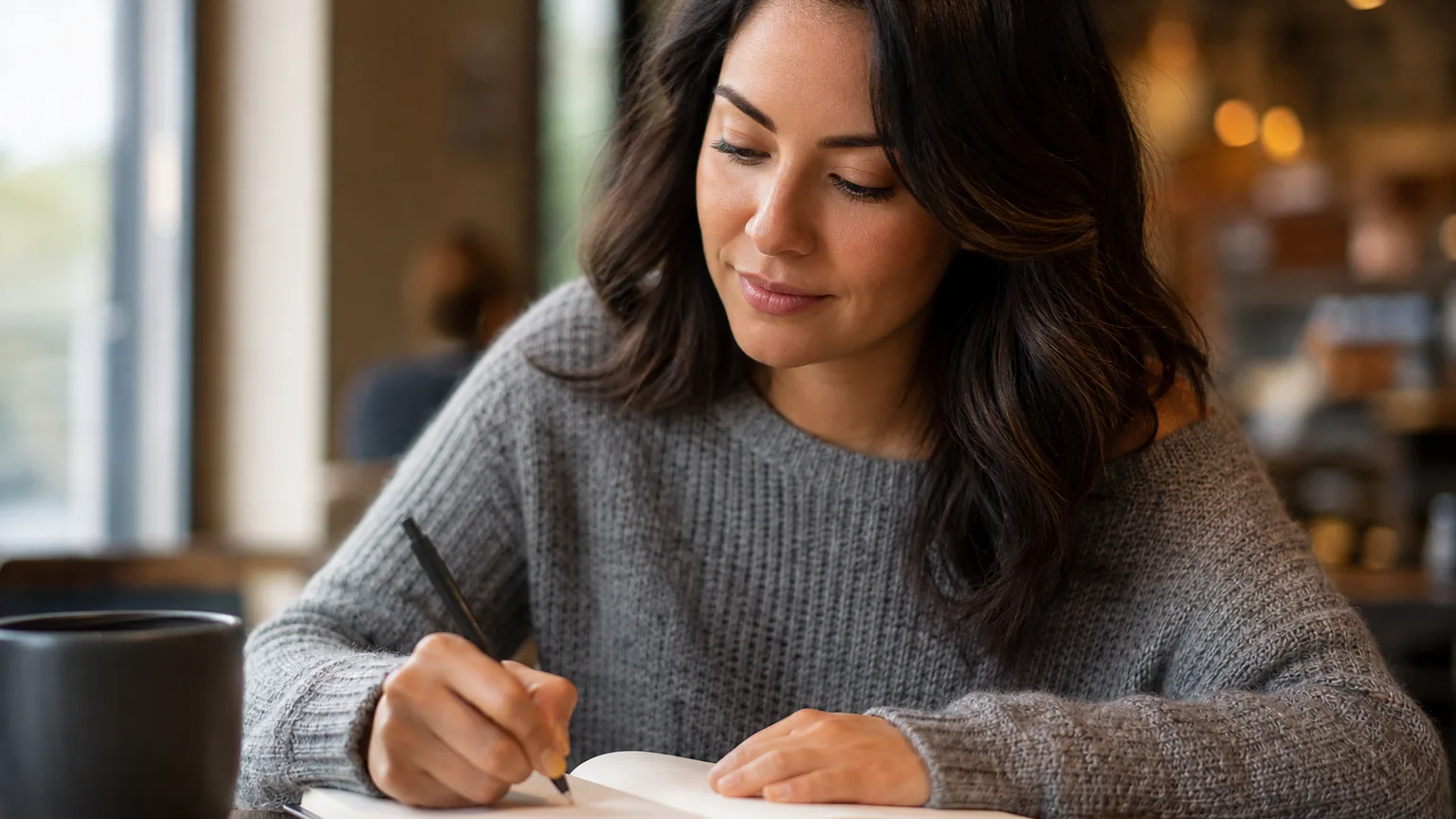 A woman in a gray sweater writes in an open journal at a wooden cafe table beside a dark mug and a window.