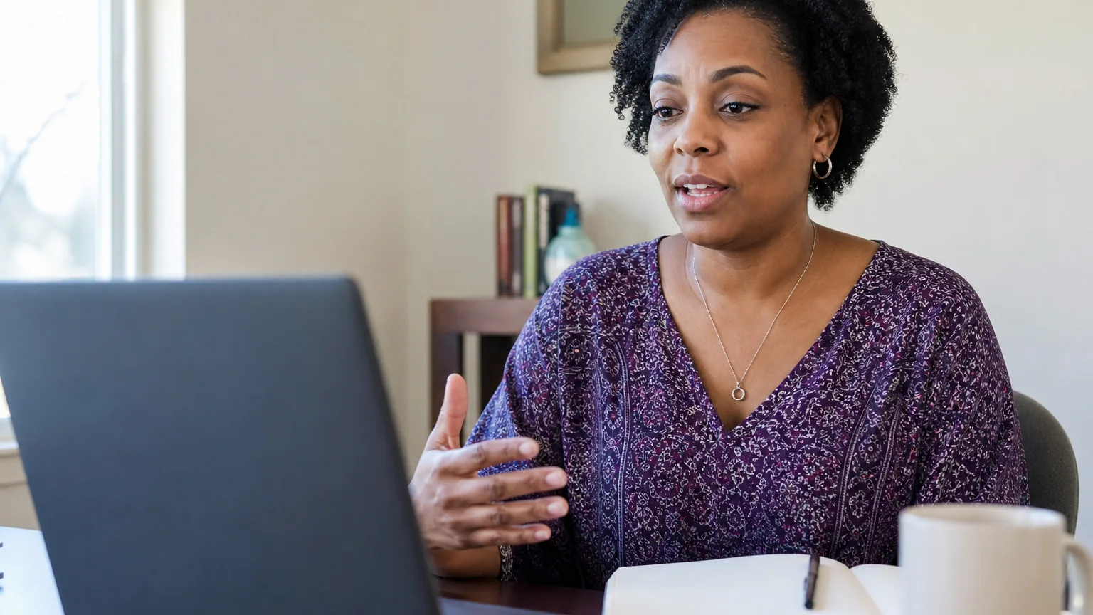 A woman gestures while facing a laptop at a table with an open notebook, a pen, and a white mug.