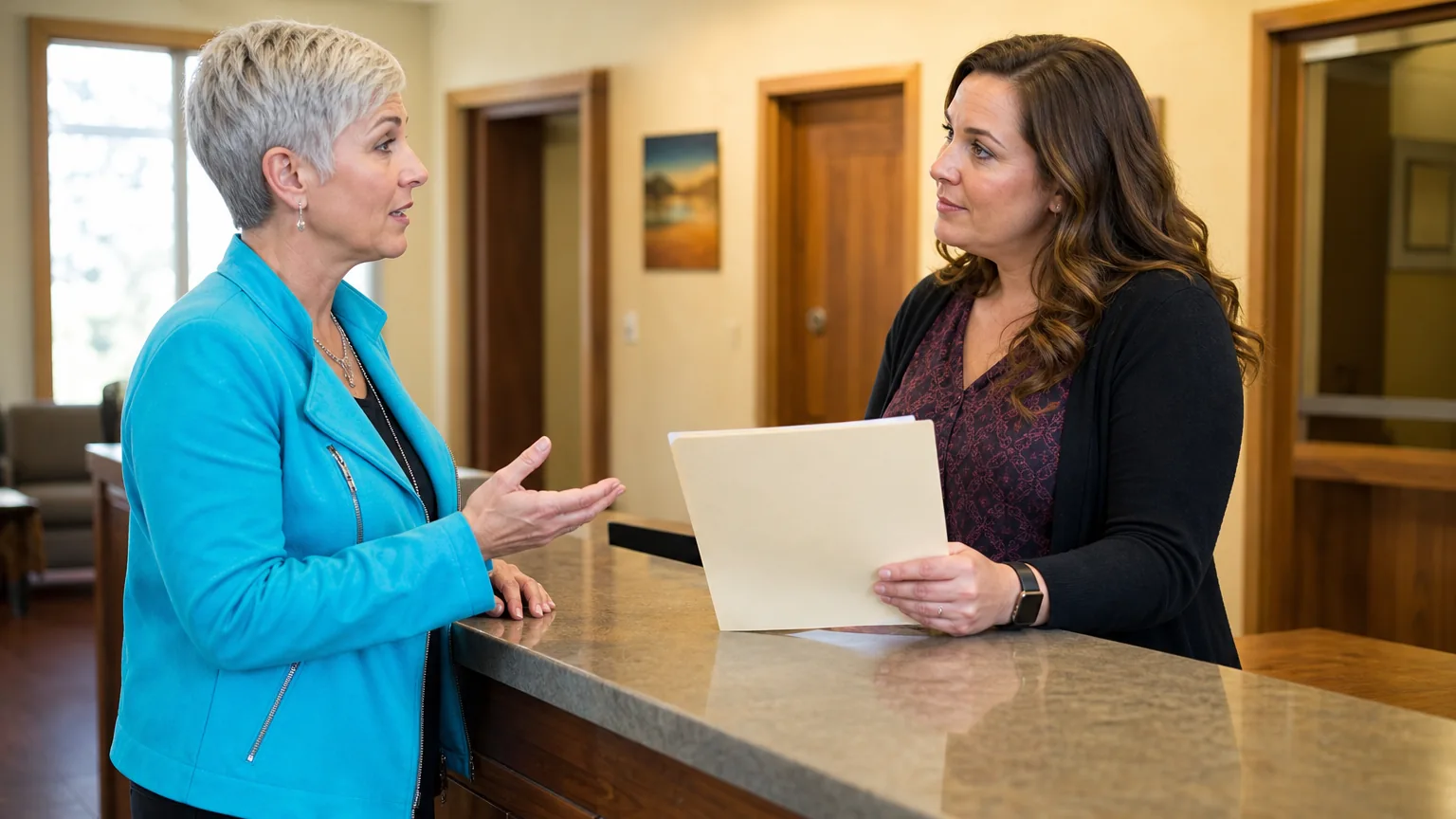 Two adult women converse across an office reception counter, one gesturing while the other holds a folder.
