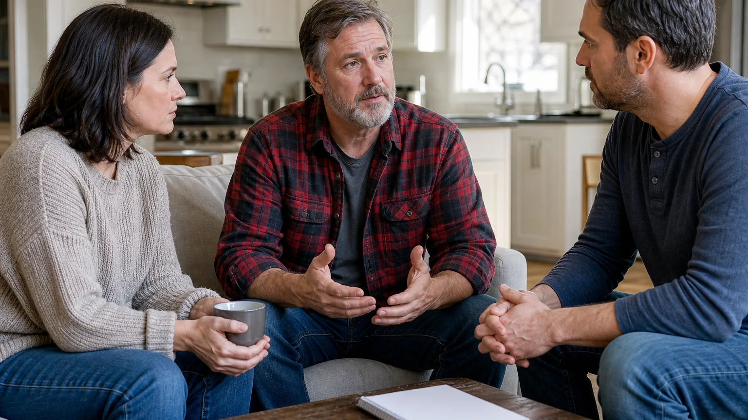 Three adults sit together in a living room, listening as a man in a plaid shirt speaks and gestures with both hands.