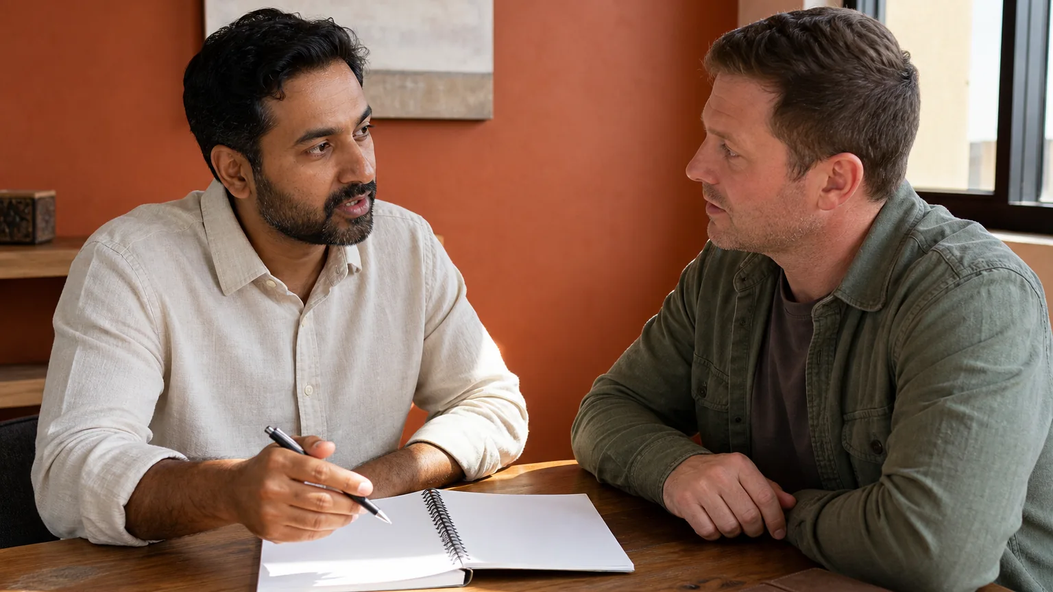 Two adult men talk across a wooden table, one holding a pen over an open notebook while the other listens.