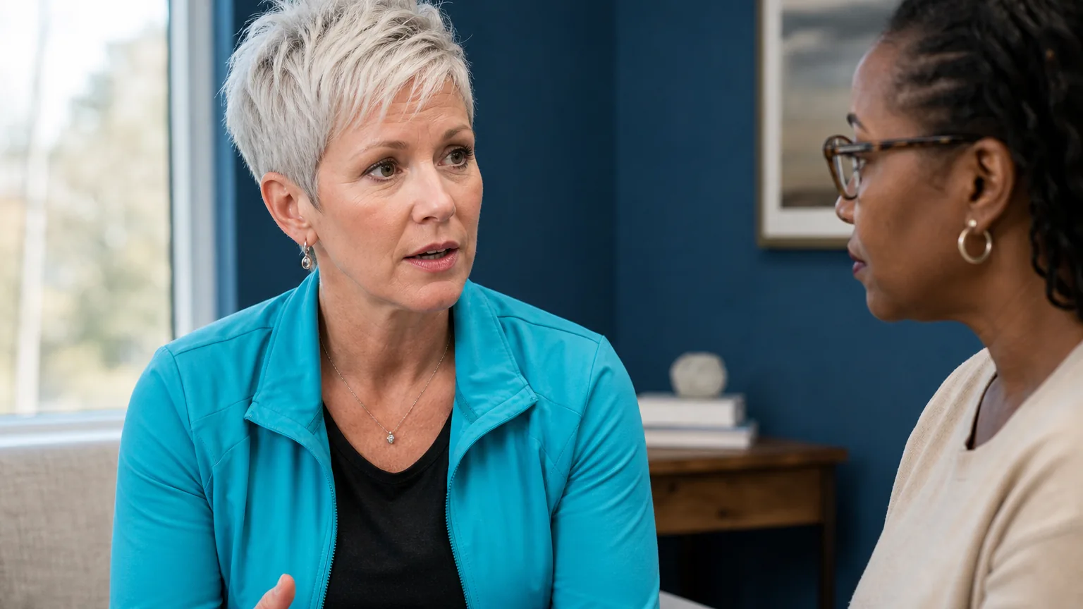 A short-haired woman in a turquoise jacket gestures while speaking with a woman wearing glasses in a seated conversation.