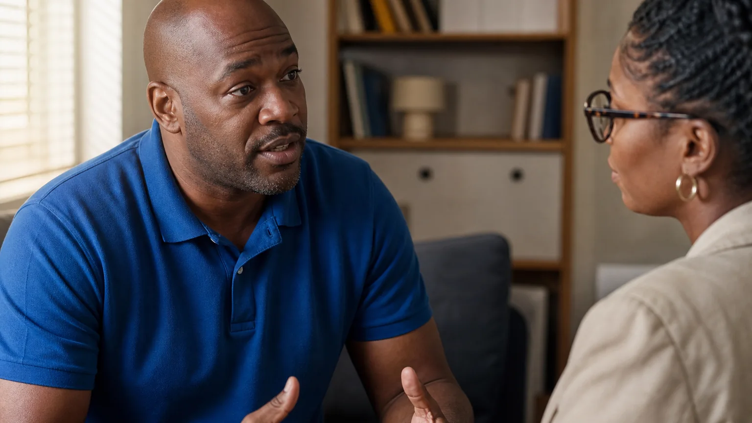 A man in a blue polo gestures while speaking with a woman wearing glasses in an office setting.
