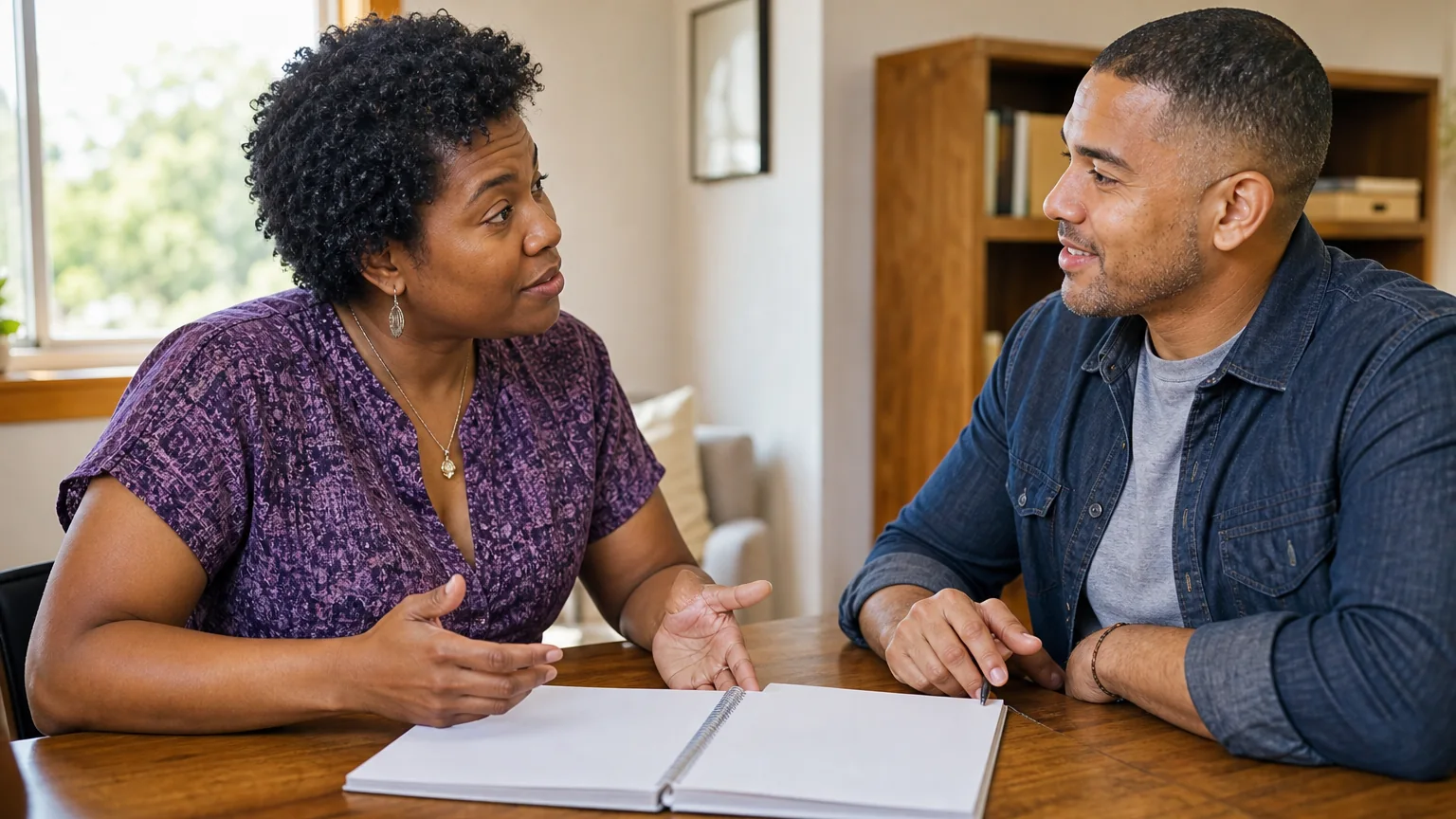 A woman gestures while talking with a man across a wooden table, with an open blank notebook between them.