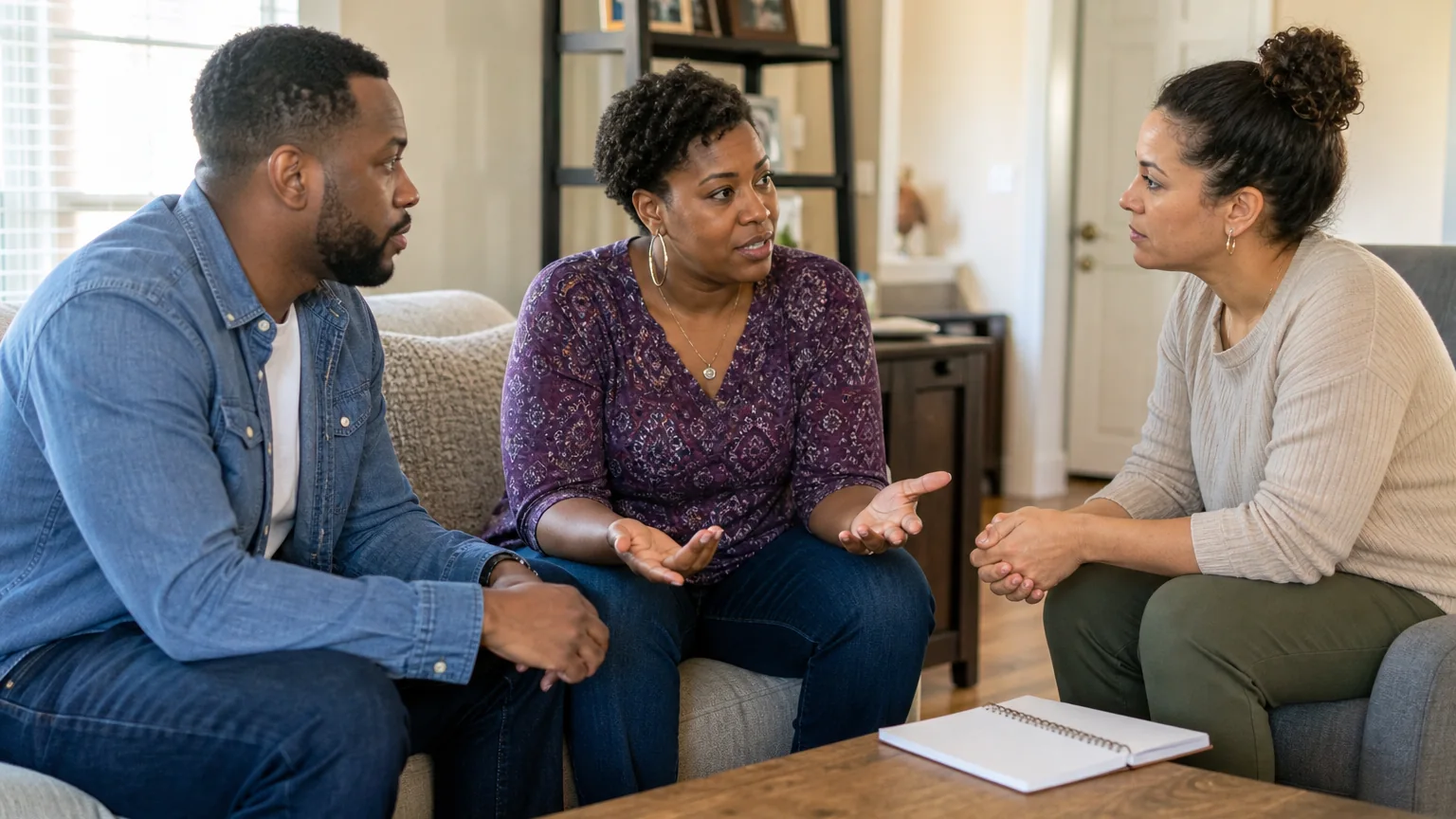 Three adults sit facing one another in a counseling-style conversation, with an open notebook on the coffee table.