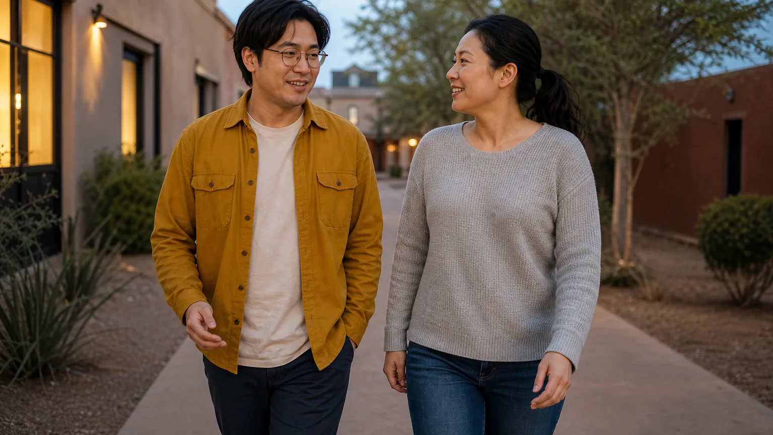 Two adults smile at each other while walking along a paved path beside adobe-style buildings and desert landscaping.