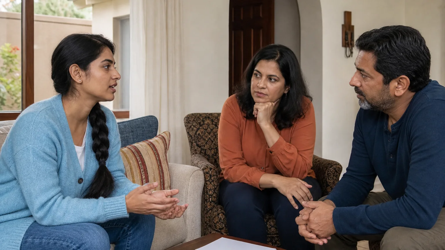 Three adults sit facing one another in a living room, with a woman gesturing as the other two listen beside a notebook.