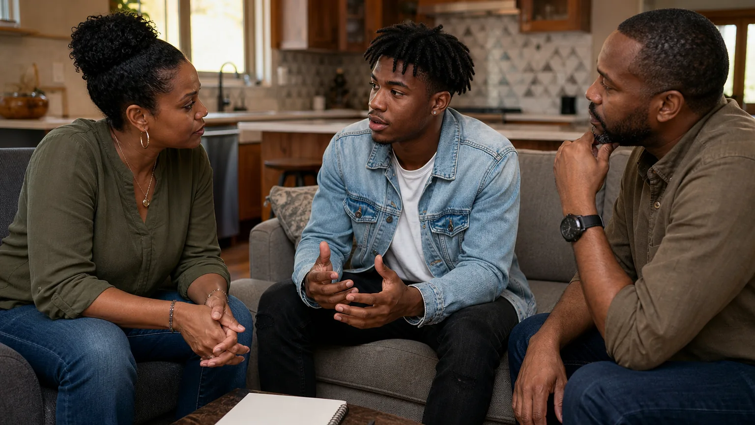 Three adults sit together in a living room, with a young man gesturing as a woman and another man listen attentively.