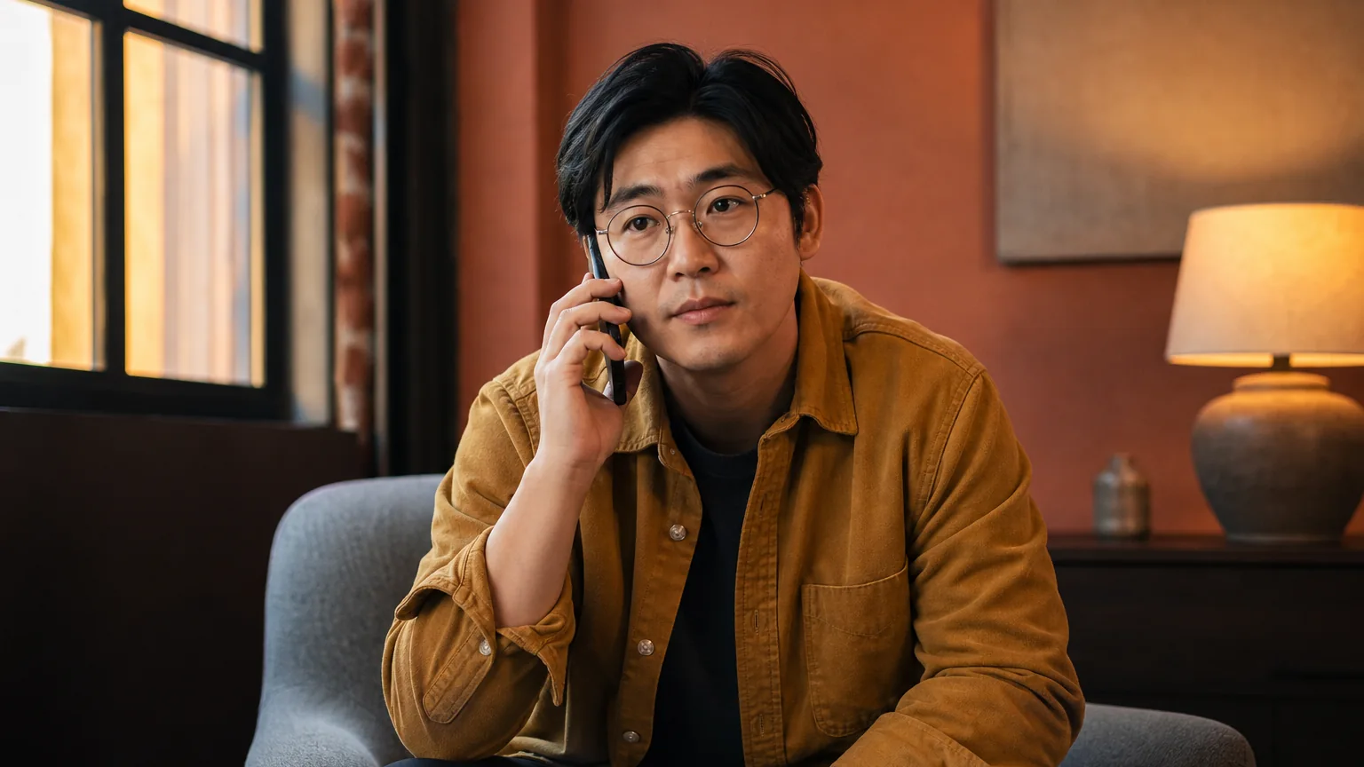 An adult wearing glasses and a mustard shirt sits in a gray armchair, holding a phone to one ear beside a window.