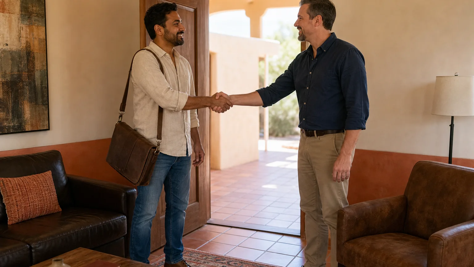 Two adult men smile and shake hands by an open doorway in a warmly furnished room, one carrying a brown shoulder bag.