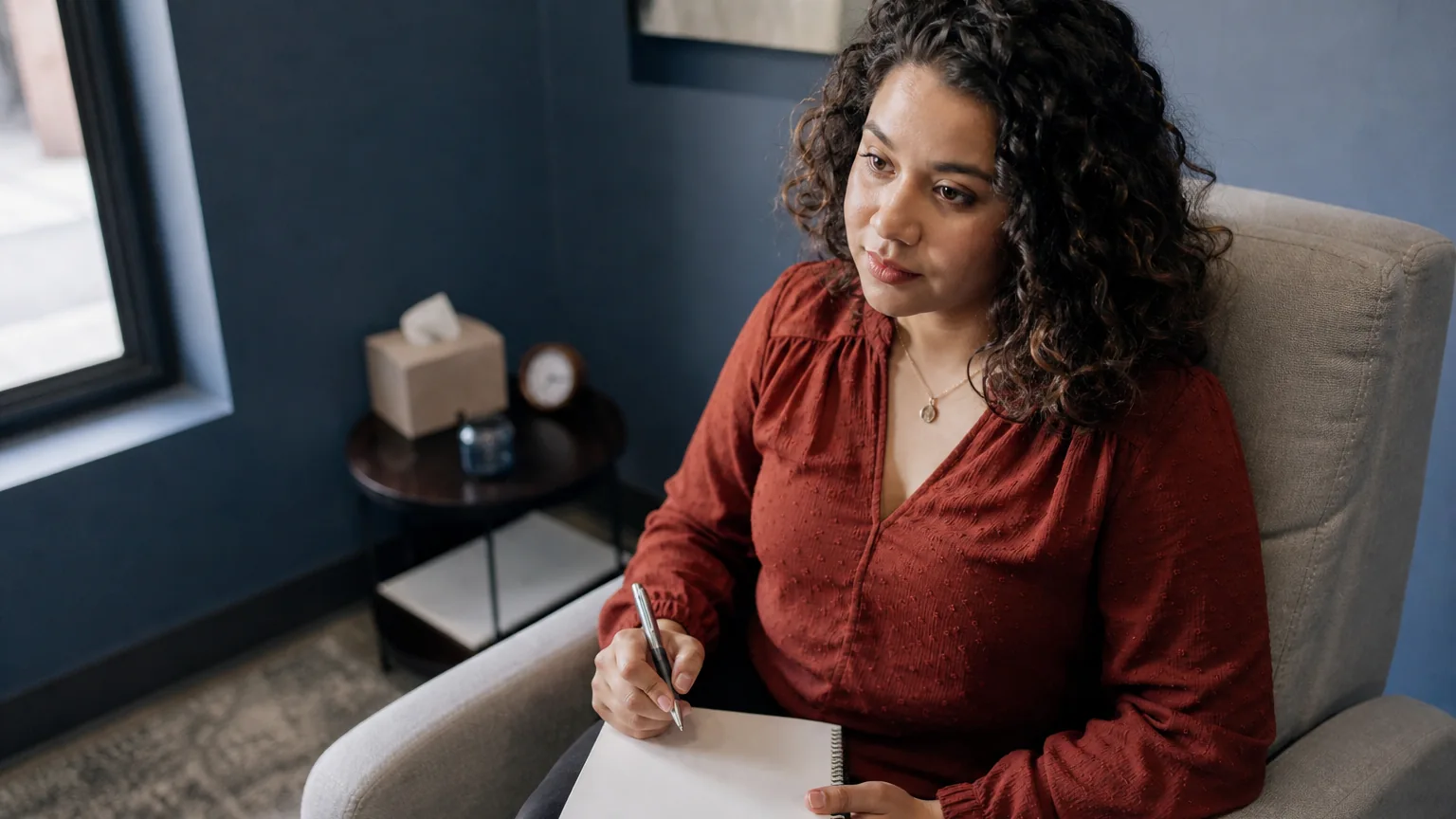 An adult woman in a rust-colored blouse sits in an armchair, holding a pen over a blank notebook on her lap.