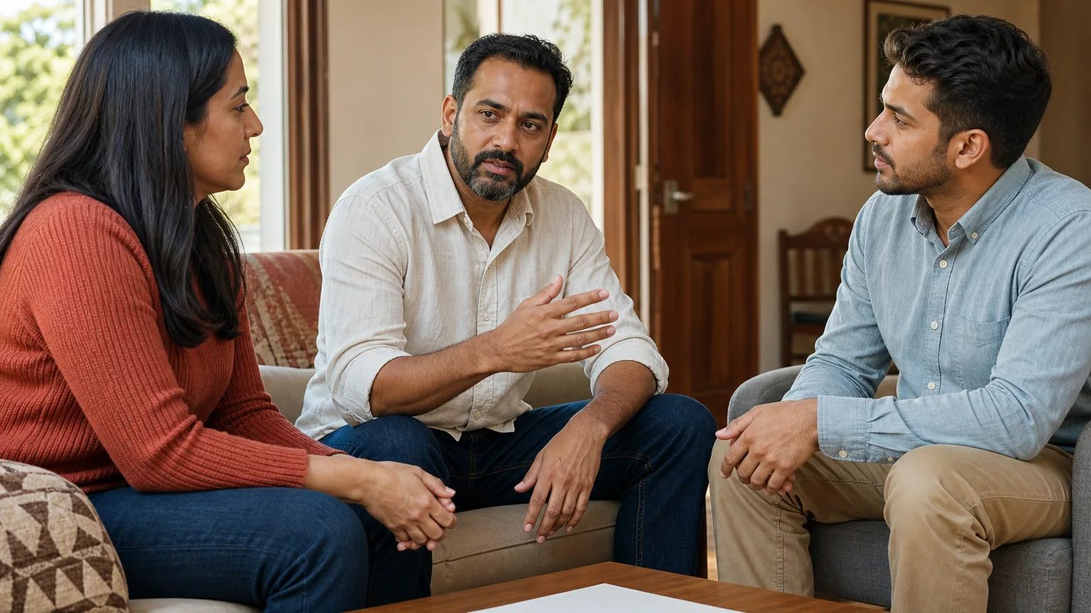 Three adults sit facing one another in a living room, with the man in the center gesturing during a conversation.