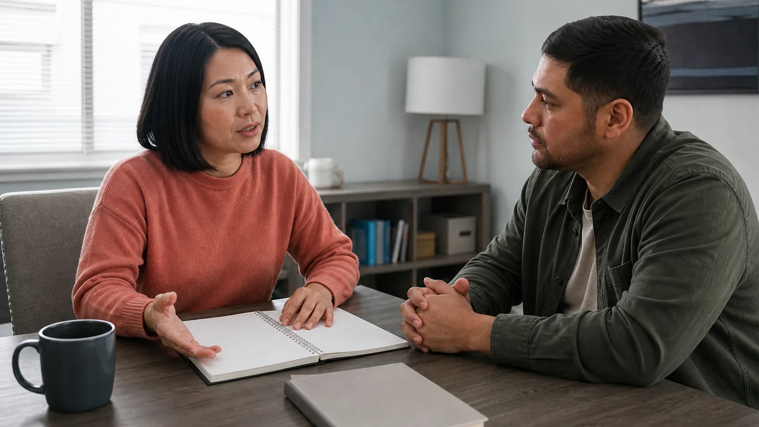 A woman gestures over an open notebook while a man listens with clasped hands across a desk in an office.