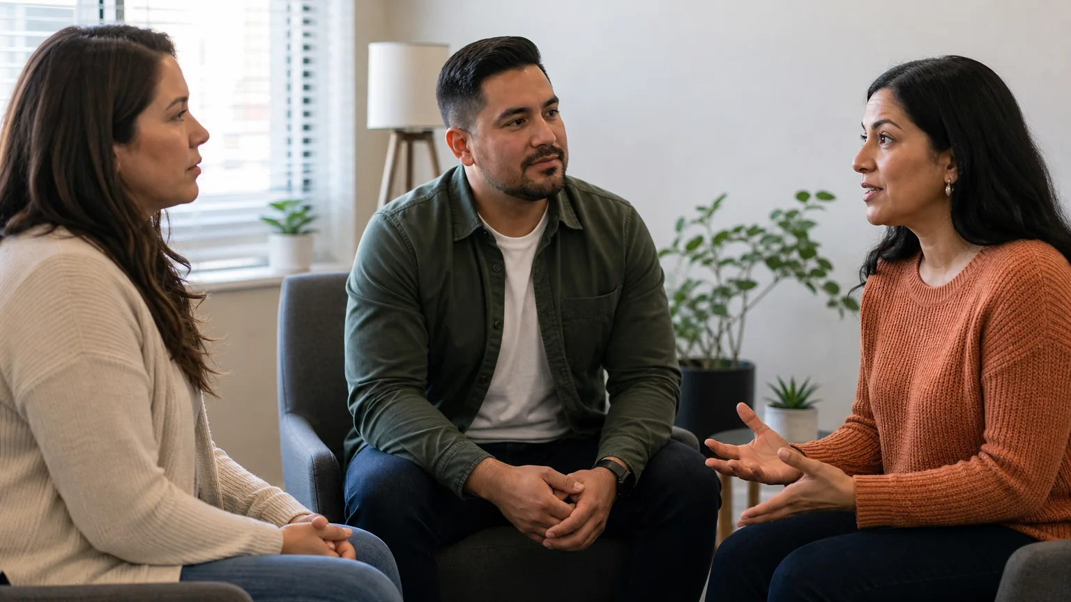Three adults sit facing one another in a bright room as a woman in an orange sweater gestures while speaking.