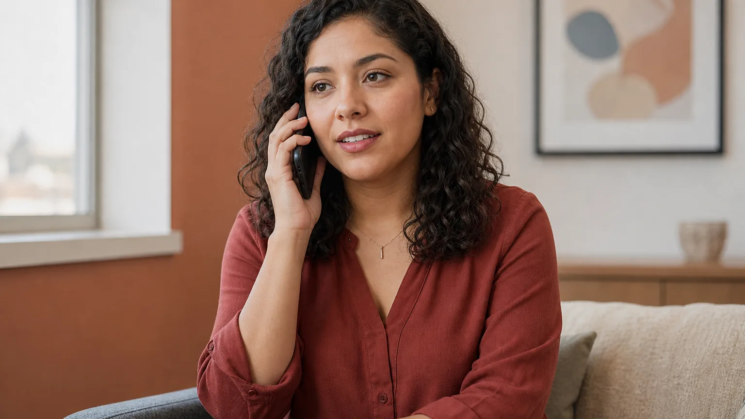 A woman with curly dark hair and a rust-colored blouse sits on a sofa beside a window, holding a black phone to her ear.
