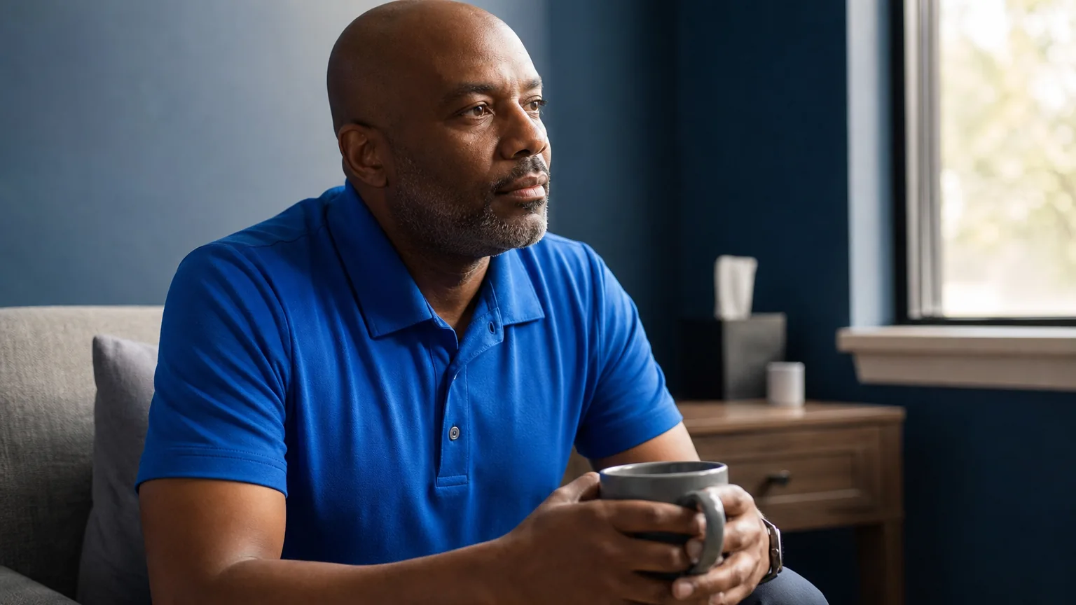 An adult man in a blue polo sits in an armchair, holding a gray mug with both hands and looking toward a window.