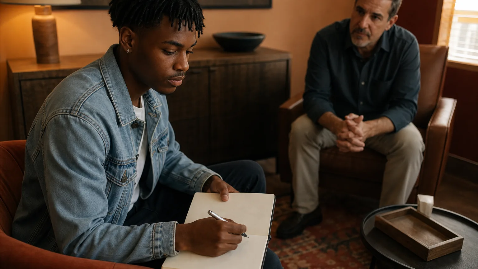 A young adult writes in a notebook while another man sits opposite him in a warmly lit counseling-style room.