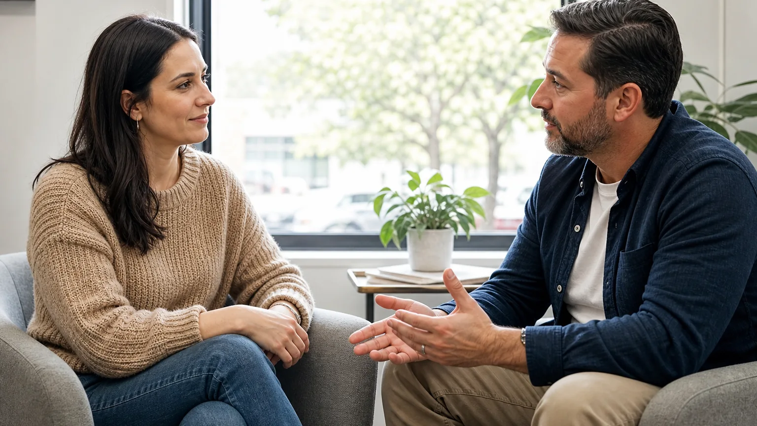 A woman in a beige sweater and a man in a navy shirt sit facing each other in armchairs beside a bright window.
