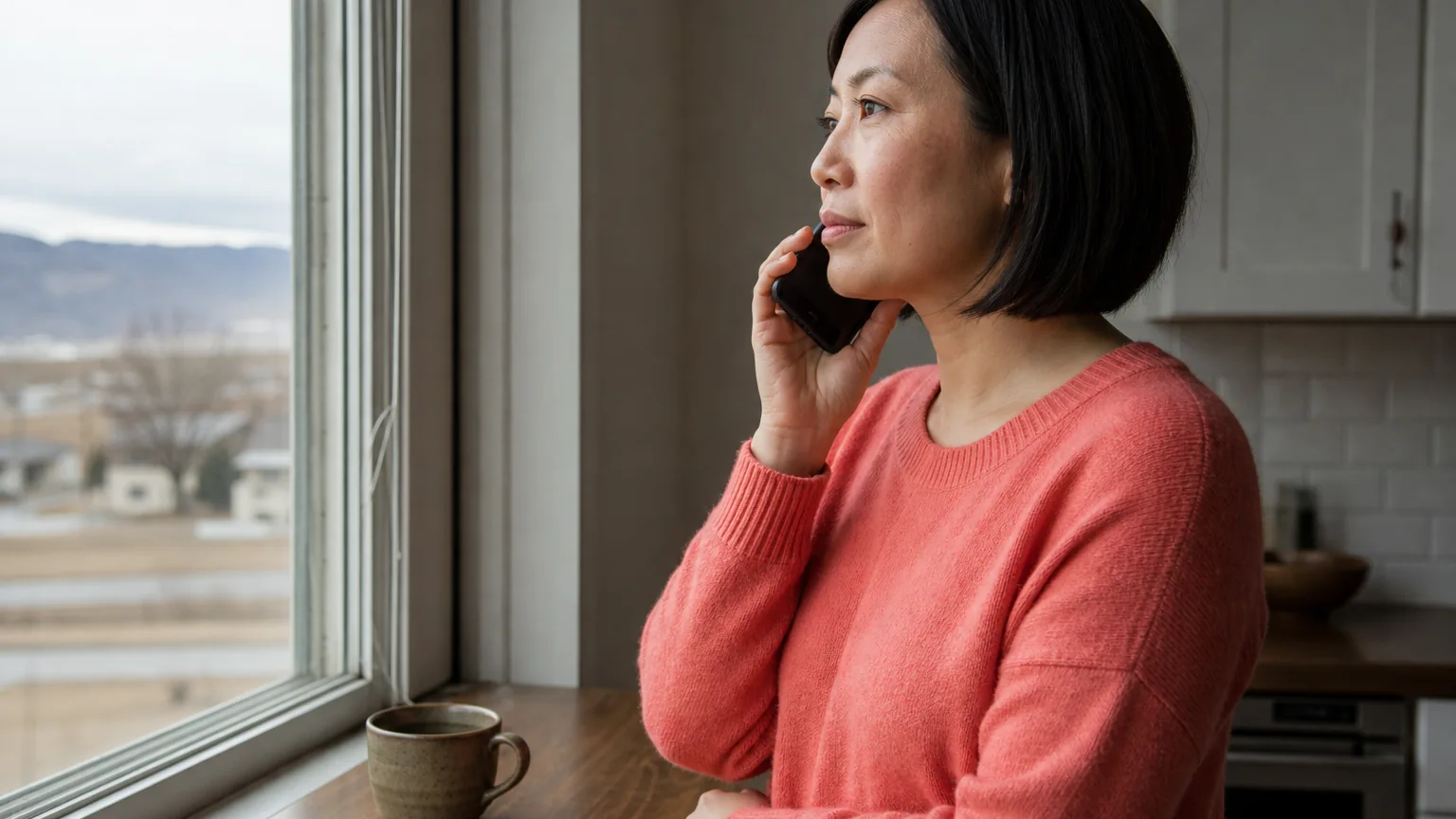 A woman in a coral sweater holds a phone beside her face at a kitchen window, with a mug on the wooden counter.